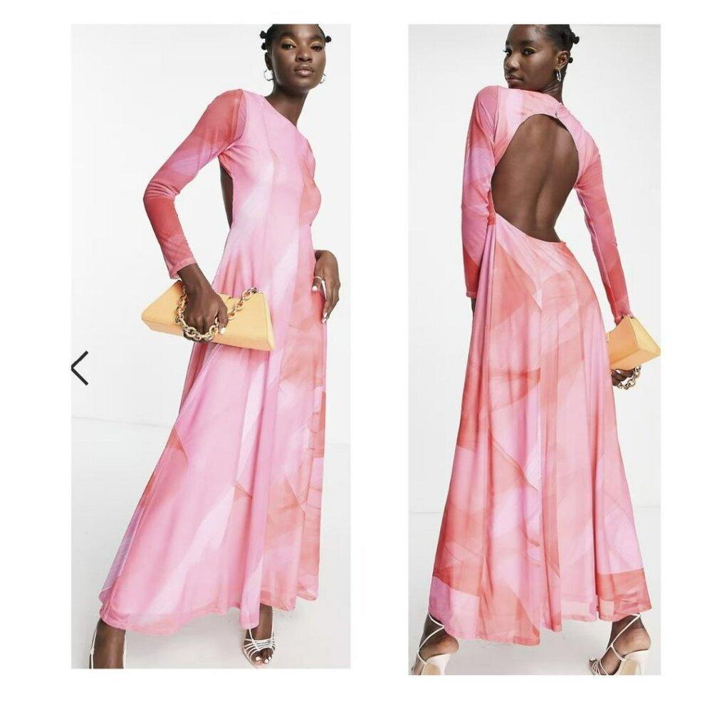 Topshop Pink Watercolor Maxi Dress Abstract Open Back Sz 4-6 Small NWT
